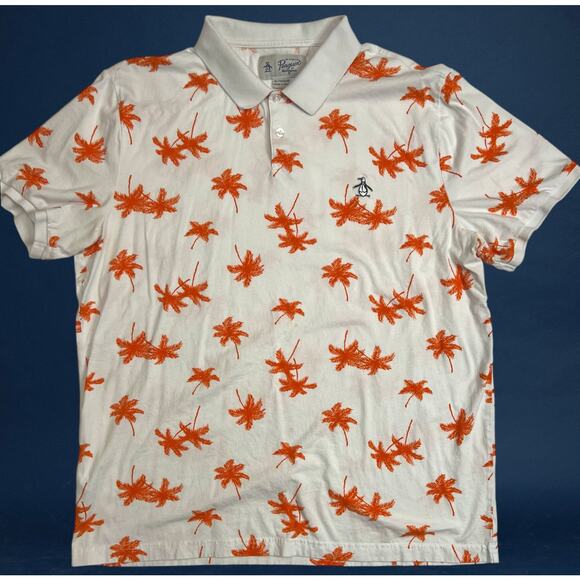 Original Penguin Men’s XL Polo Shirt White Orange Palm Tree Print 100% Cotton - Picture 13 of 13